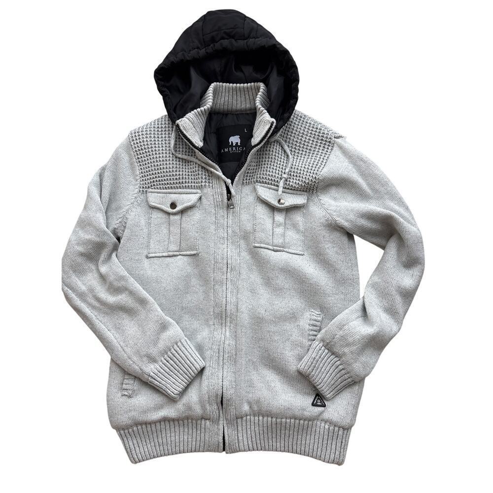 Men’s American Stitch Gray Knit Bomber Hoodie Jacket Size L